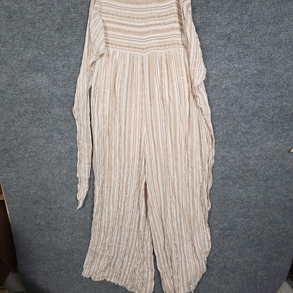 Audrey Parks Jumpsuit Womens M Beige Stripe Off Shoulder Gauze Bow Wide Leg